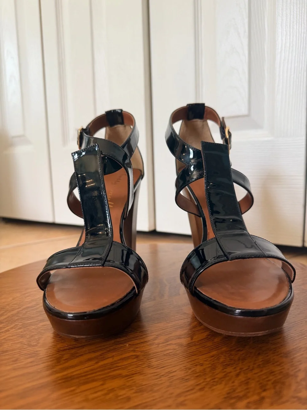 Bettye Muller Retro Black Patent Platform Sandals with Wood-Effect Block 4” Heel